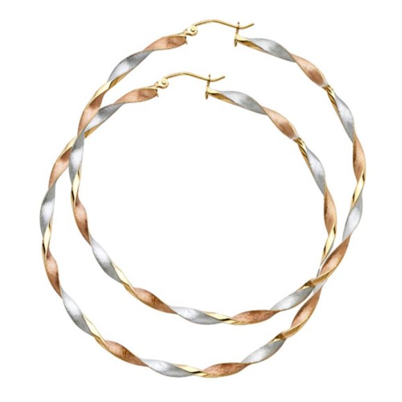 14K Tri color Gold Extra Large Twisted Hoop Earrings - 3mm x 2.5 inch